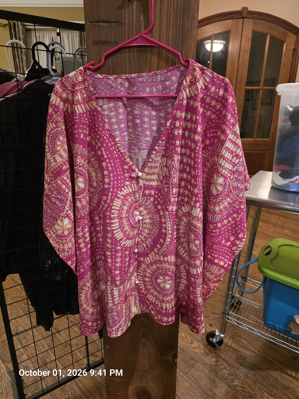 Boho V-Neck Tunic in Bright Pink with Cream Print 3XL